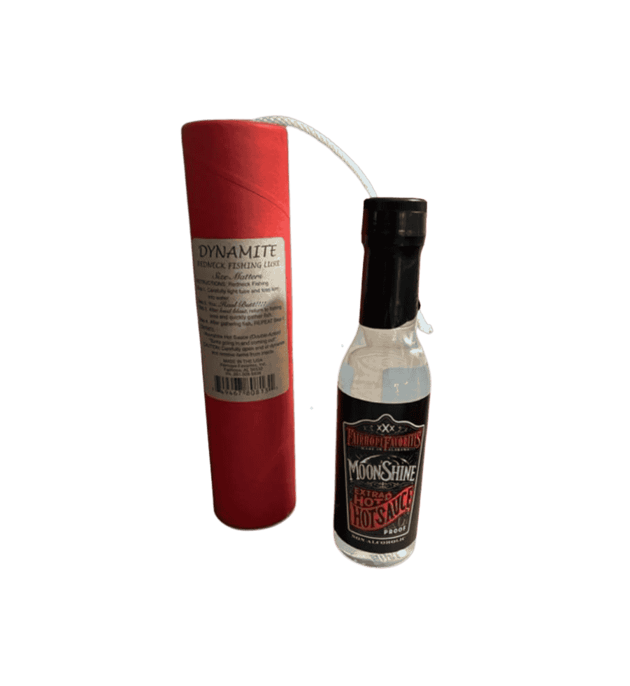 novelty dynamite fishing lure container with moonshine hot sauce bottle, humorous fishing themed hot sauce gift for outdoorsmen and fishermen