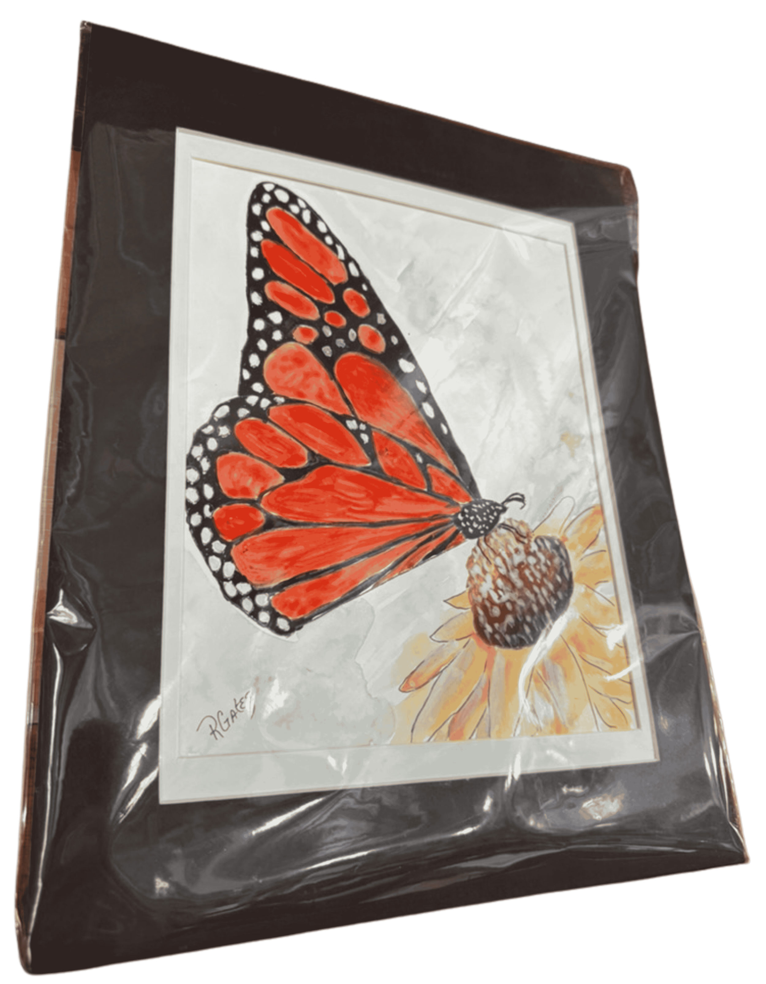 Angled view of butterfly watercolor artwork by R. Gates showcasing orange butterfly wings, sunflower details, and framed presentation.
