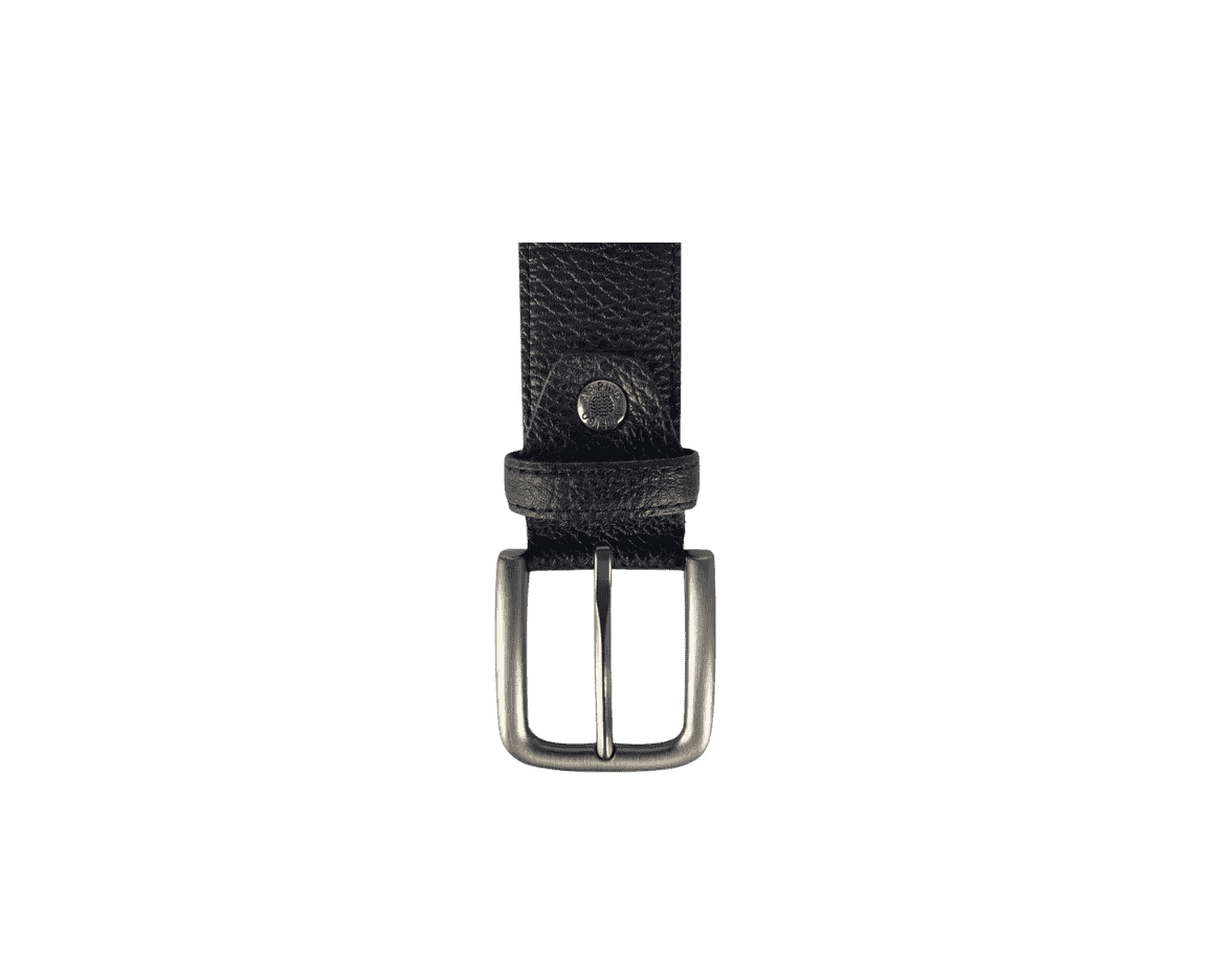 Black leather travel belt angled view, flexible full grain leather strap with classic buckle design