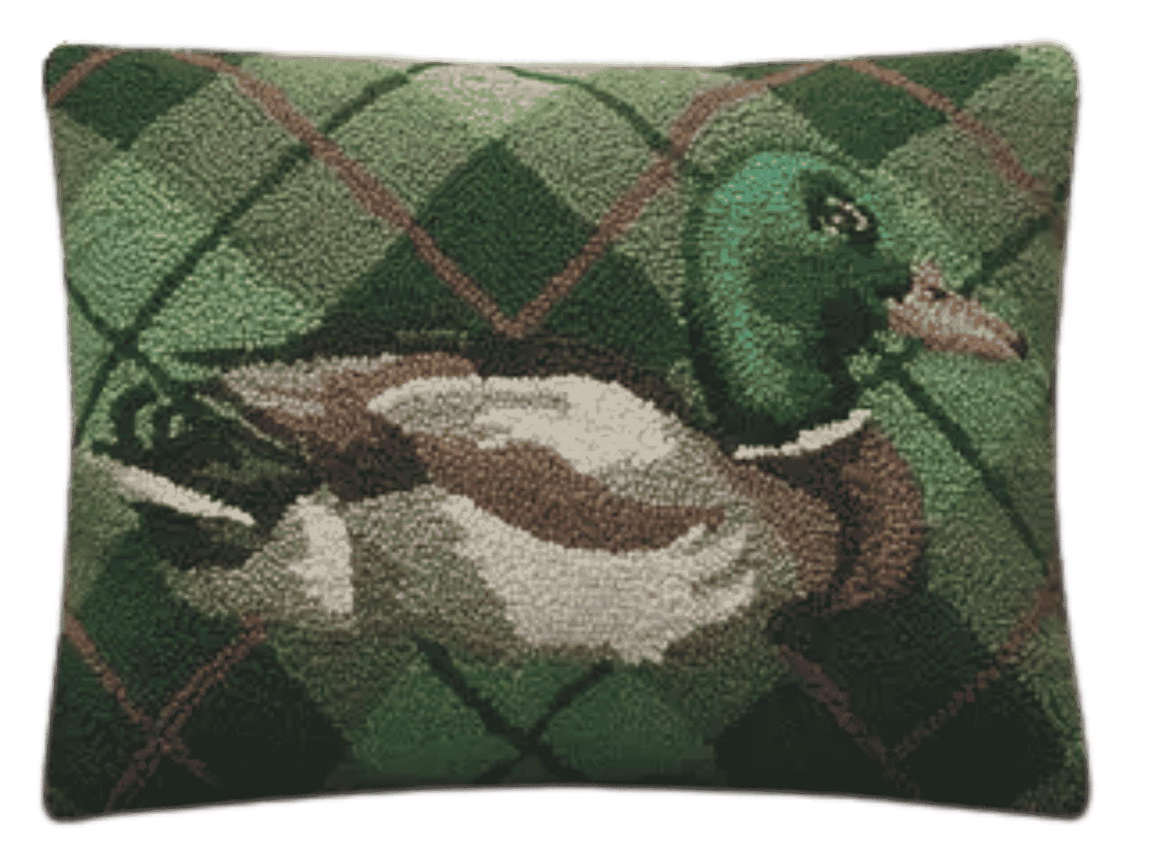 Peking Handicrafts mallard duck hooked wool throw pillow with green argyle background and classic waterfowl design.