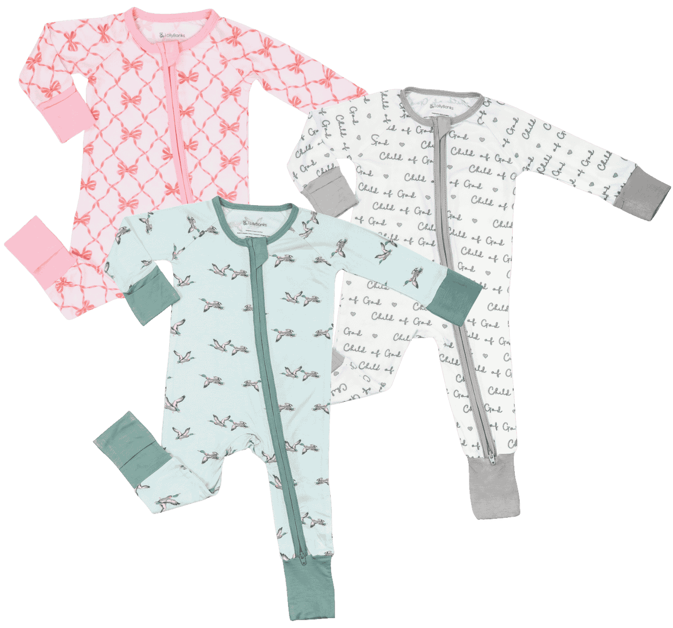 LollyBanks bamboo baby zipper romper collection featuring Beautiful Bows, Child of God, and Quackin’ Up prints in soft breathable bamboo pajamas.