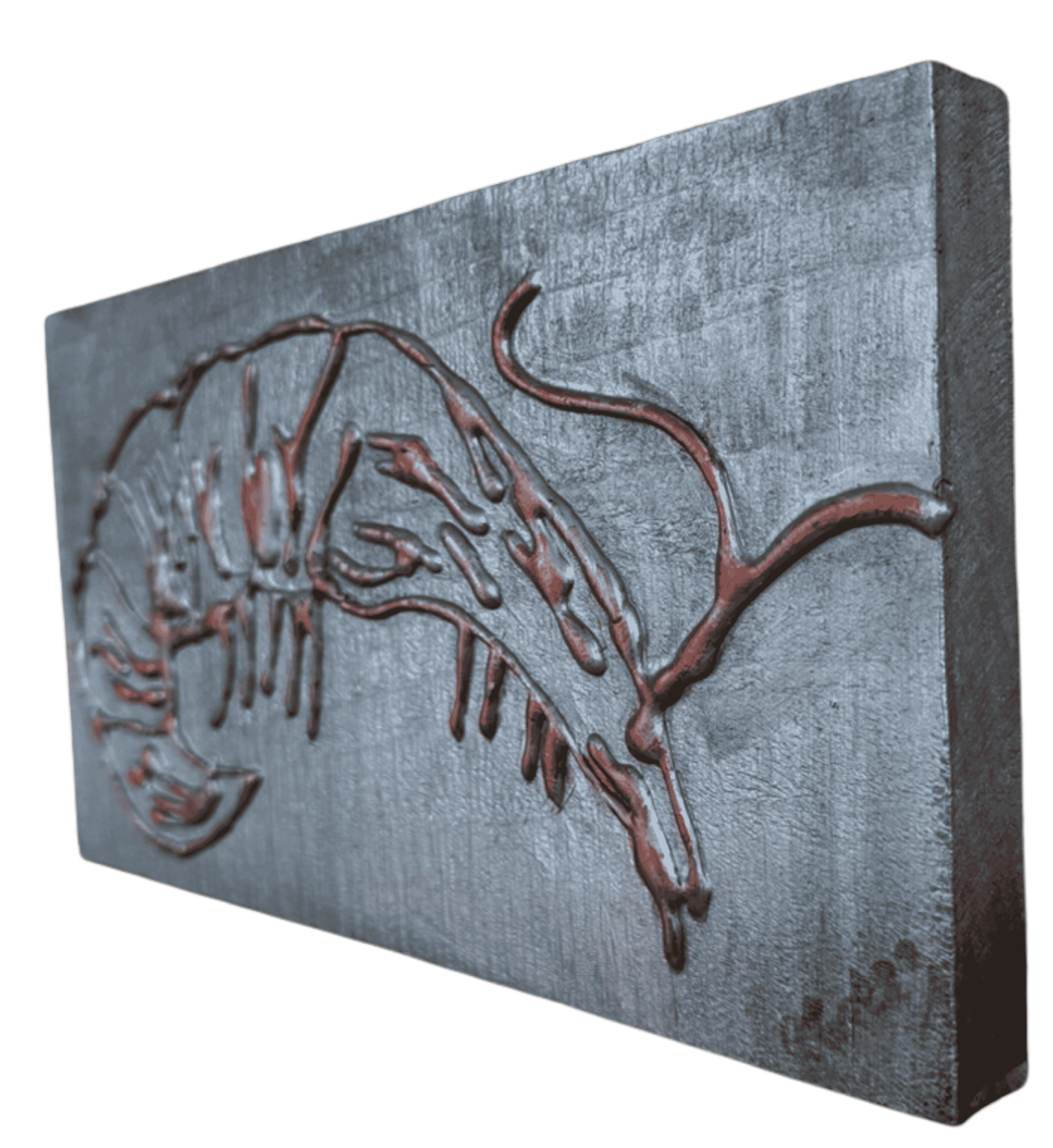 Side view of dimensional crawfish wall art featuring sculptural texture, metallic tones, and rustic Louisiana character.