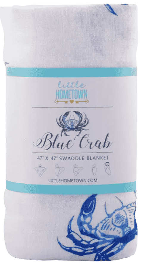 Little Hometown Blue Crab bamboo muslin baby swaddle blanket featuring coastal crab print inspired by southern coastal life.