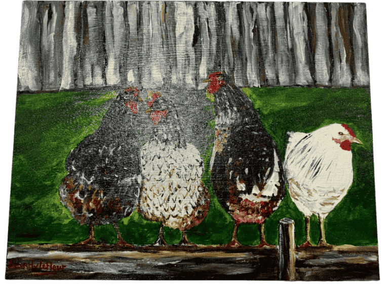 Four Chickens Barnyard Scene — Acrylic Painting by Beverly Lafleur
