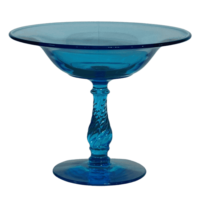 Front view of vintage aqua blue glass candy dish with elegant spiral stem.