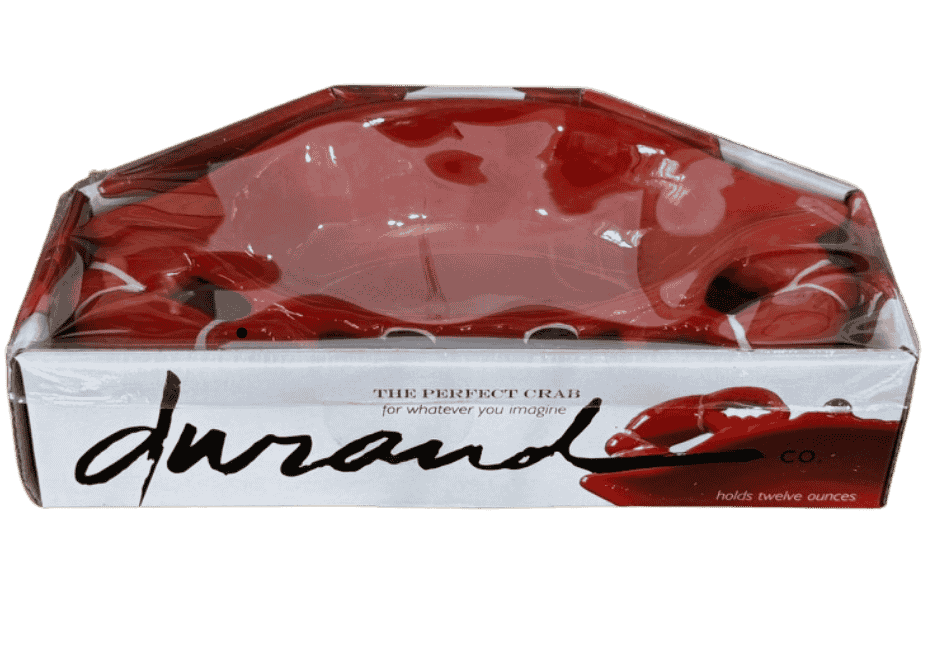Red ceramic crab-shaped serving dish by Durand Co for dips and snacks.