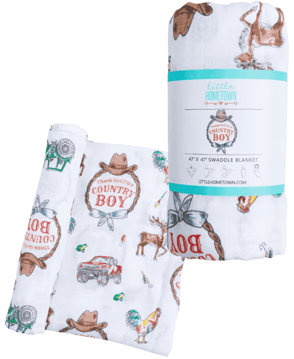 Little Hometown Country Boy bamboo muslin baby swaddle blanket with farm animals, trucks, and country themed baby print.