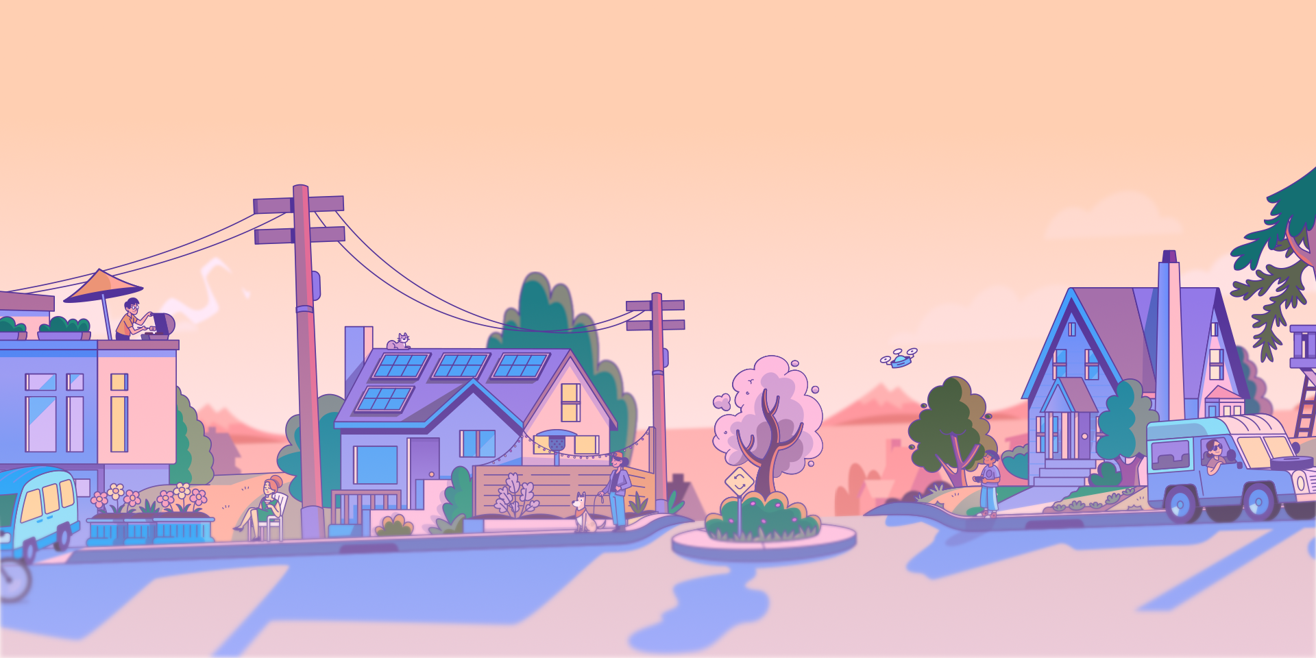 A colorful cartoon neighborhood scene during sunset with houses, trees, people, a vehicle, and a drone in the sky.