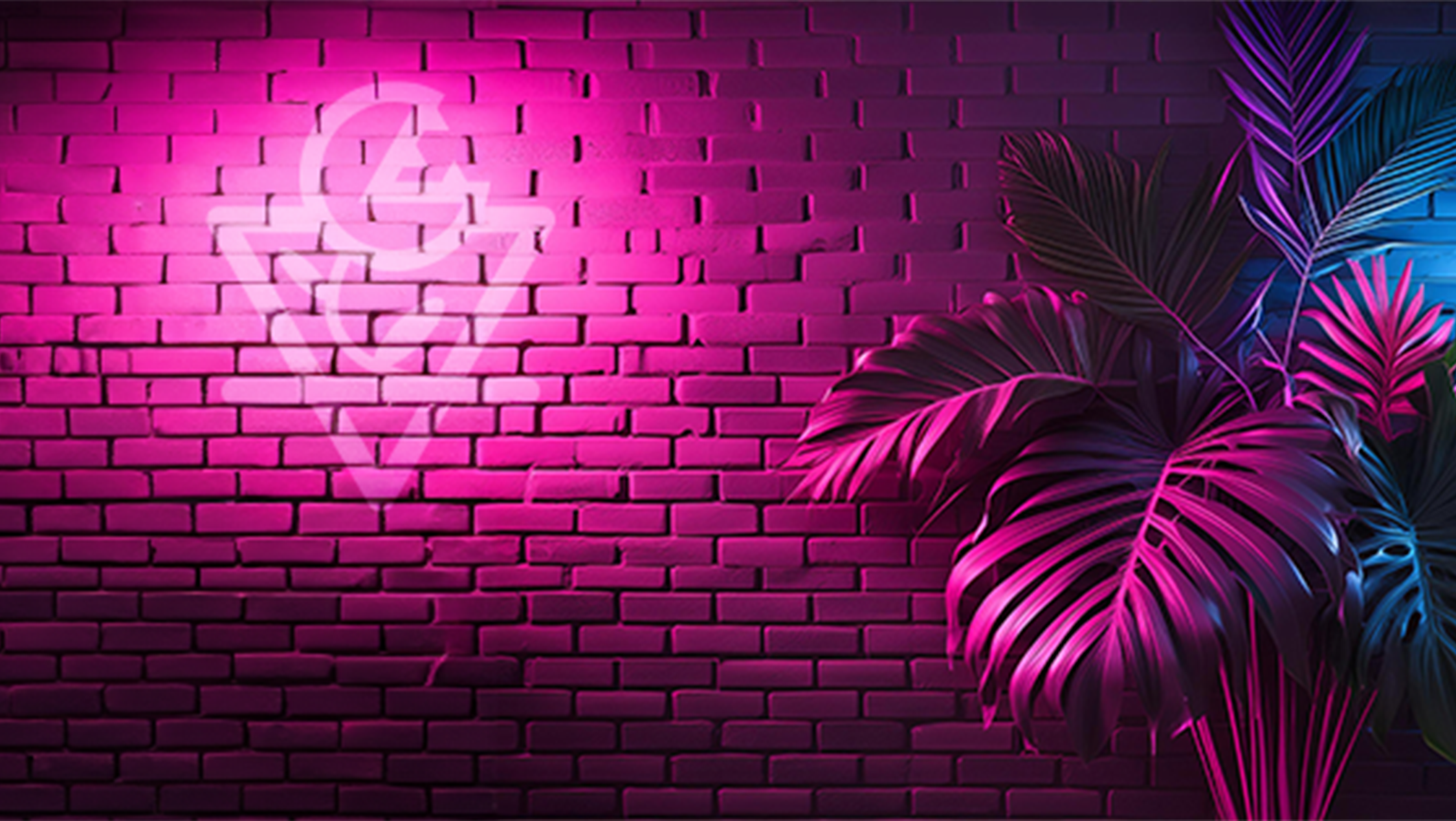 Pariah plant icon on brick wall with plants, neon pink lighting