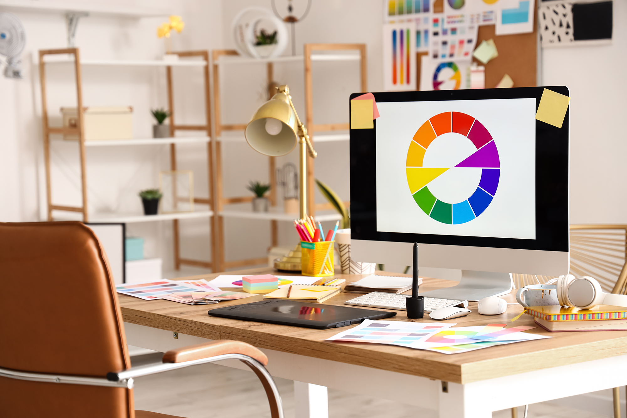Photo of design office with color wheel on computer screen