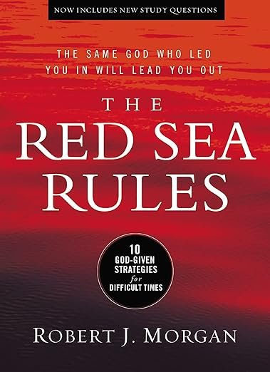 Book cover for 'The Red Sea Rules' by Robert J. Morgan, featuring a red and orange sunset or stormy sky background.