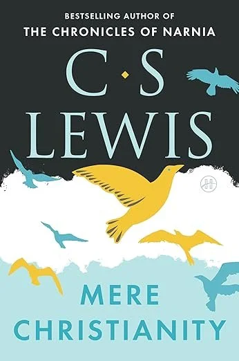 book cover of 'Mere Christianity' by C.S. Lewis, featuring flying birds in blue, yellow, and black colors with the title and author's name