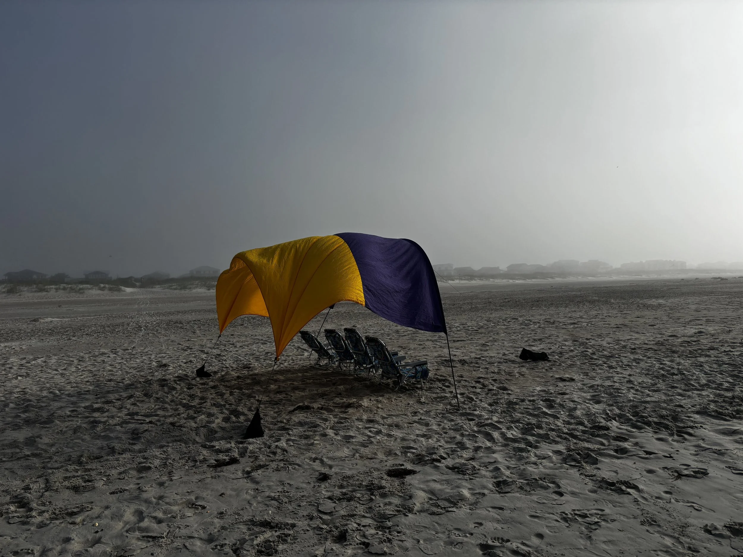 Beach scene with a yellow and purple canopy, chairs underneath, and a dog lying on the sand, with houses in the distant background and a cloudy sky.