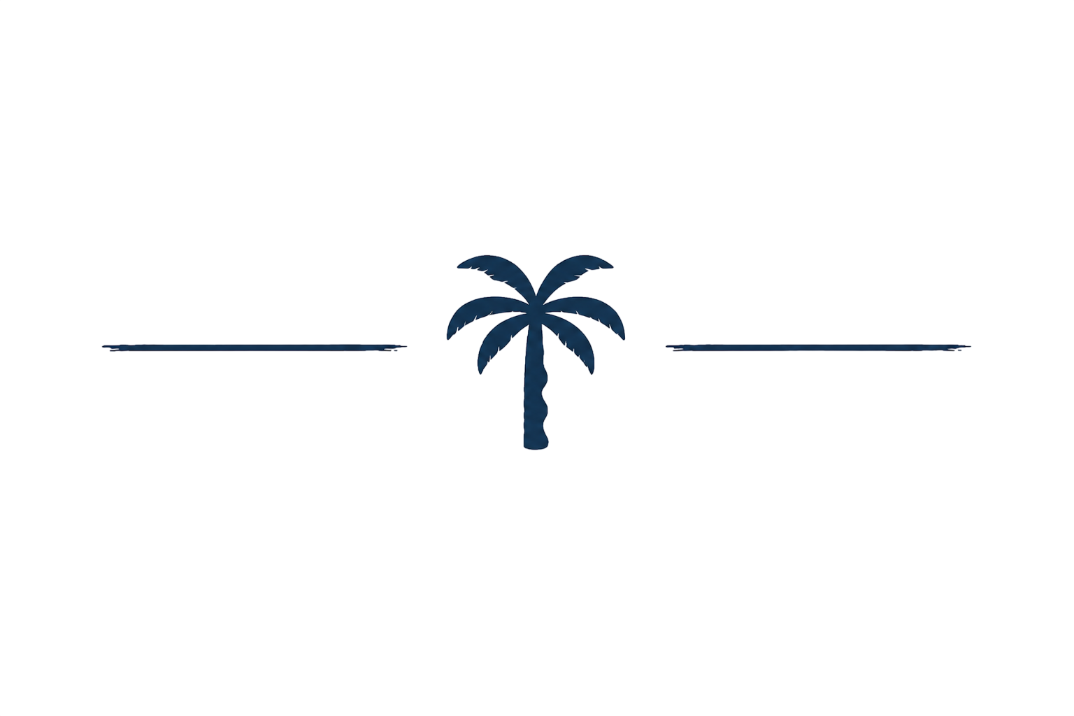 A stylized illustration of a palm tree on a small island with water and a sky in the background.
