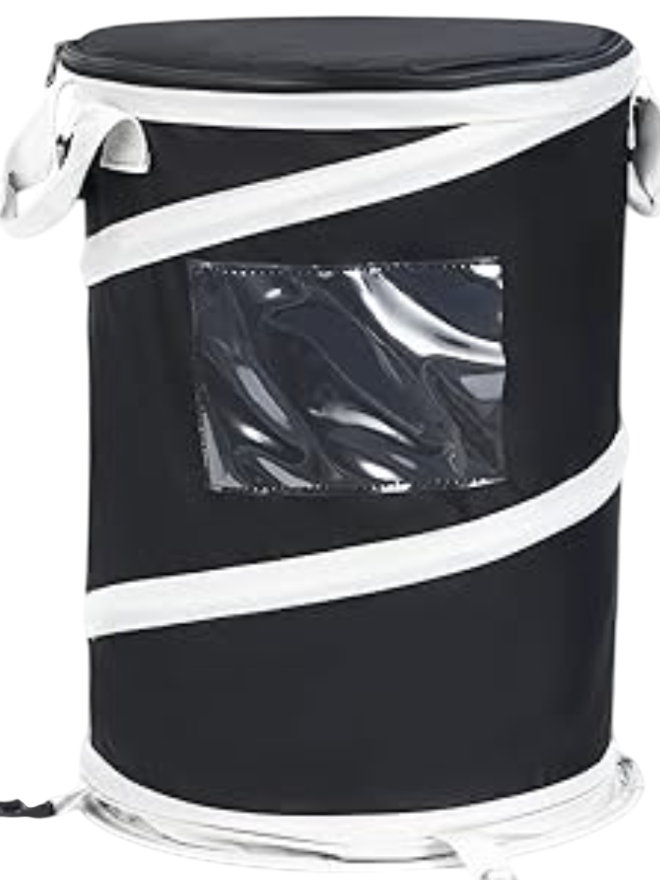 Black and white insulated cooler bag with a transparent front pocket and white handles.