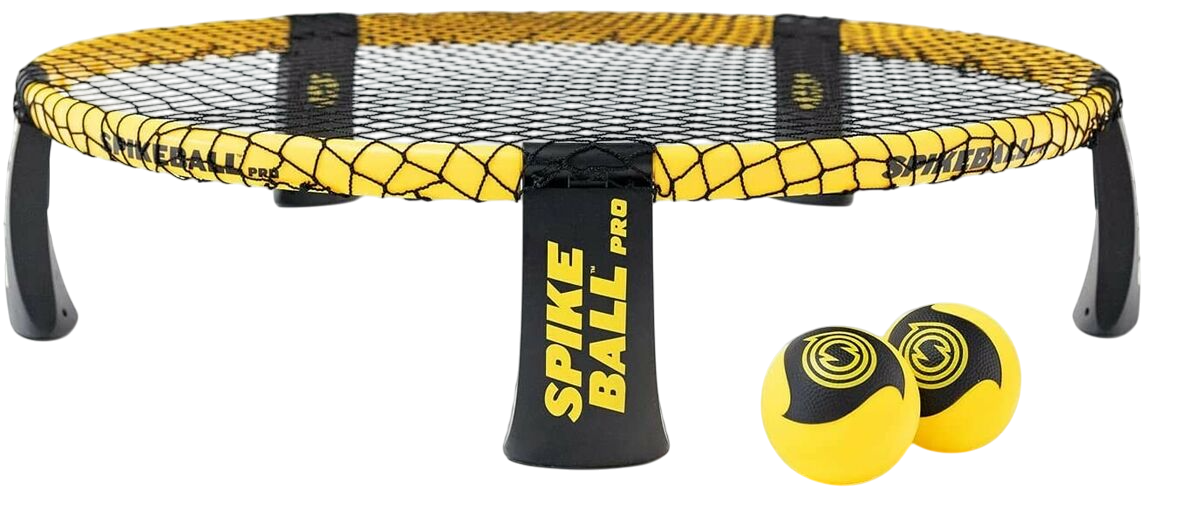 A Spikeball game set includes a black netted circular playing net, yellow and black balls, and a black stand with yellow text reading 'SPIKE BALL PRO'.