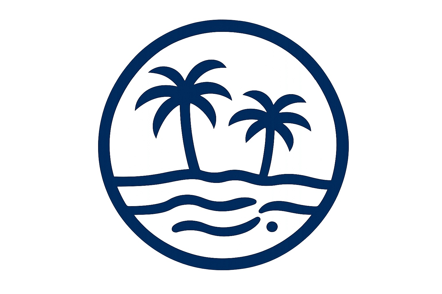 Logo featuring two palm trees, a small island, and water waves, enclosed in a circular border