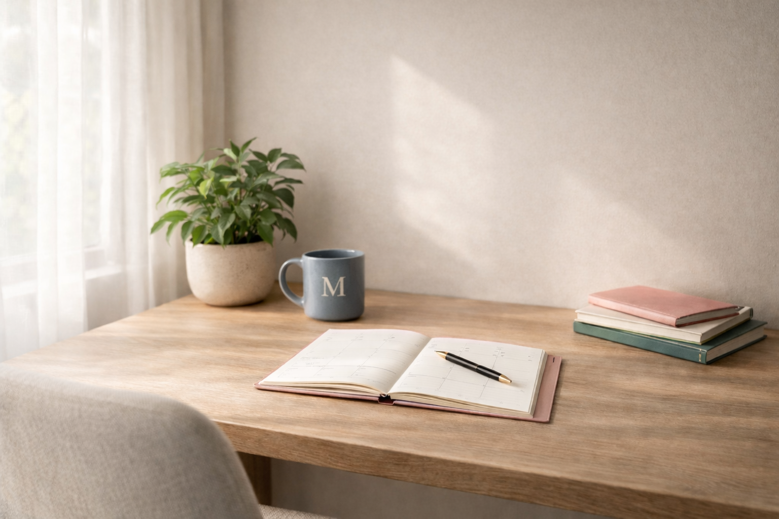 A cozy workspace with a wooden desk, a stacked pile of notebooks, an open planner with a pen, a gray mug with the letter 'M', and a potted plant near a window with sheer curtains.