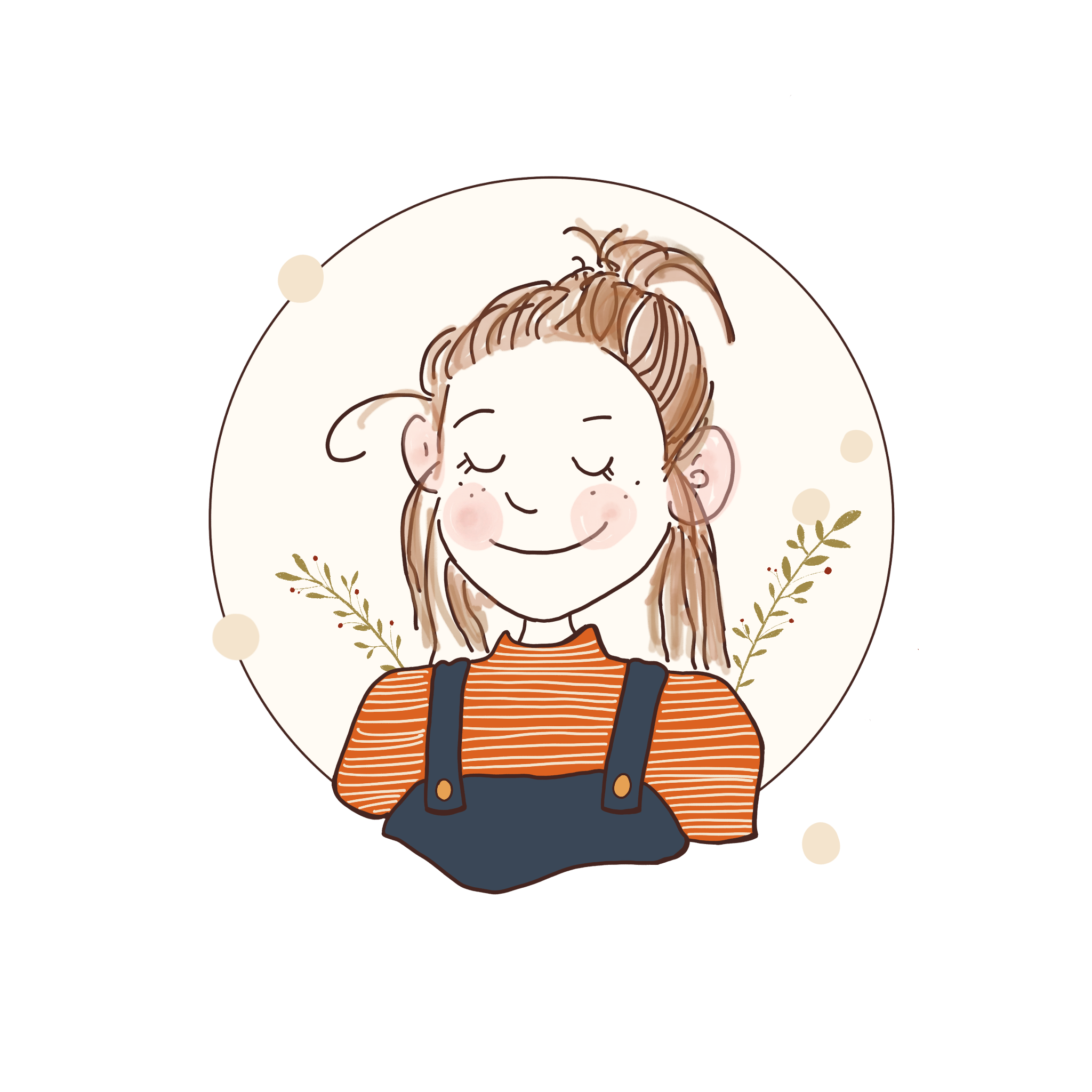 Eine digitale Illustration eines lachenden Kindes mit braunen Haaren, das einen roten und schwarzen gestreiften Pullover trägt, umgeben von einem weißen Kreis mit kleinen grünen Zweigen als Dekorationen.