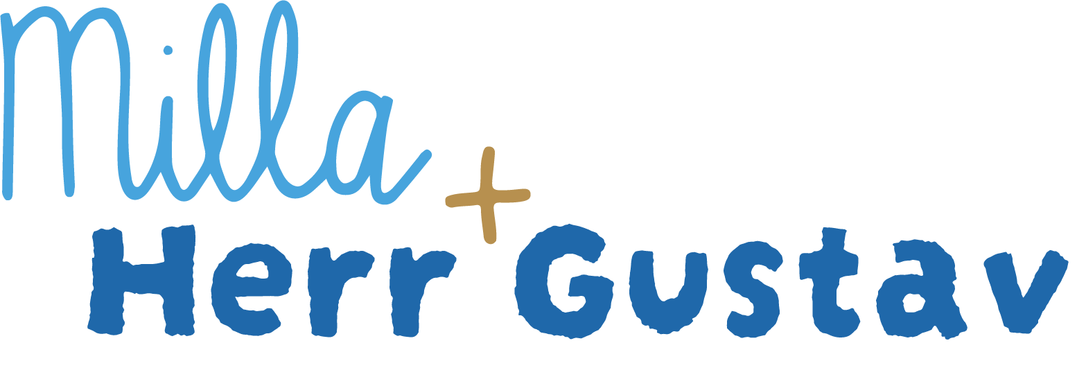 Das Bild zeigt den stilisierten Text 'Milla + Herr Gustav' in verschiedenen Blau- und Brauntönen.