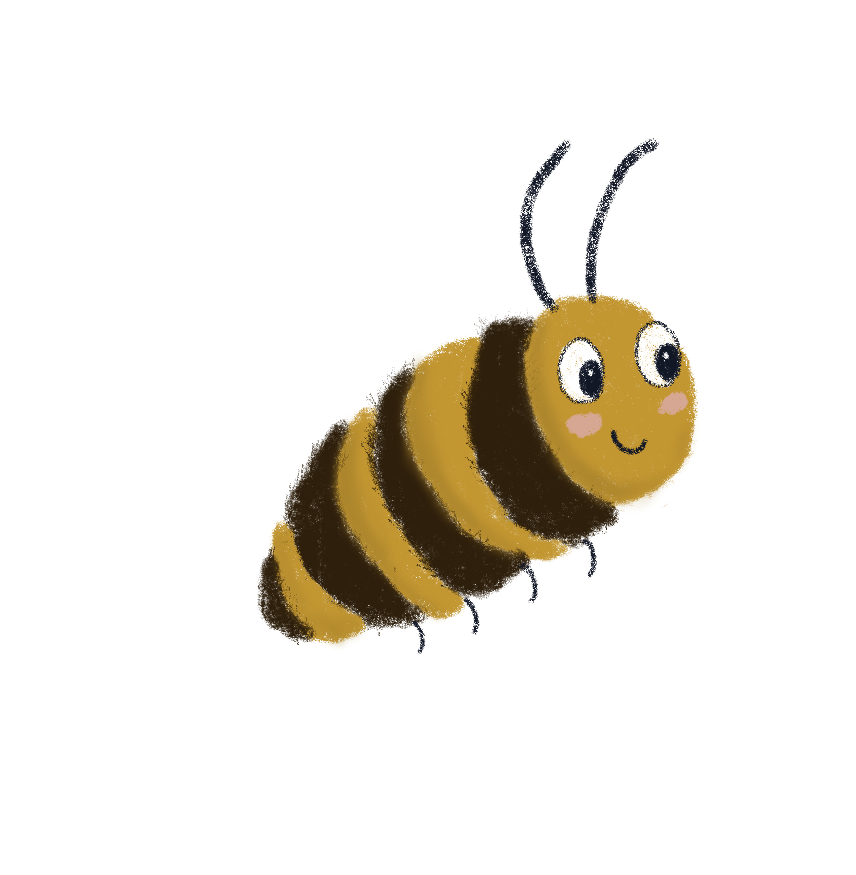 Hummel mit freundlichem Gesicht, großen Augen, rosa Wangen, gelbem Körper mit braunen Streifen, weißen Flügeln und schwarzen Fühlern.