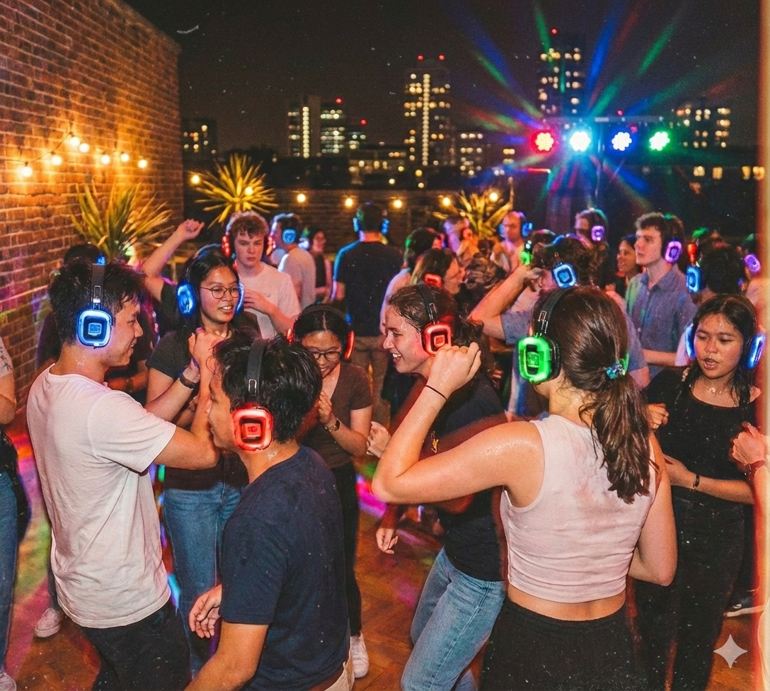 Orang-orang menggunakan clearsonic sistem personal audio distribution dalam silent disco