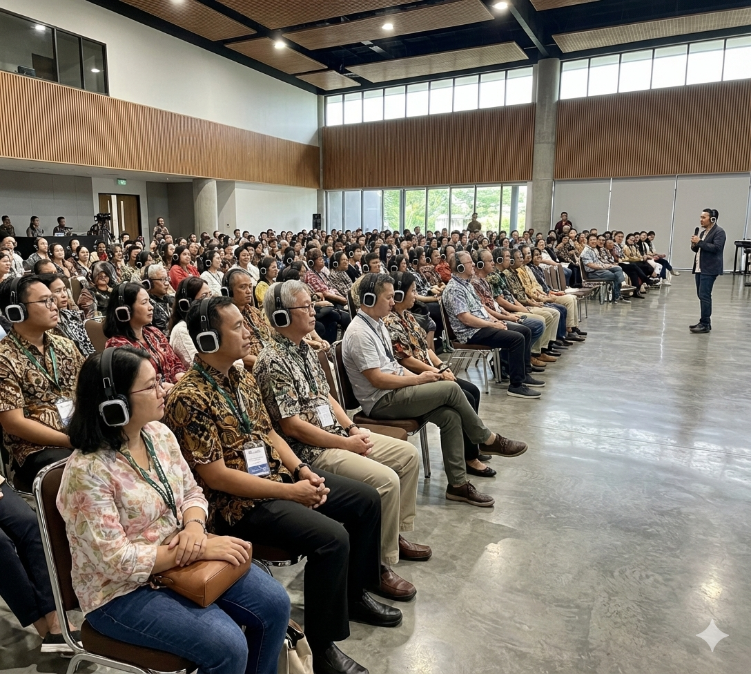 Orang-orang menggunakan clearsonic sistem personal audio distribution dalam  seminar