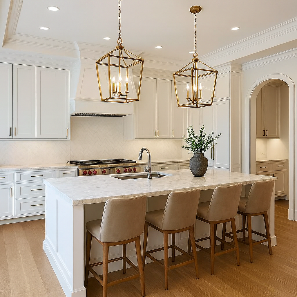 Modern kitchen with white cabinets, a large island with beige chairs, two gold geometric pendant lights, a potted plant on the island, and hardwood floors.