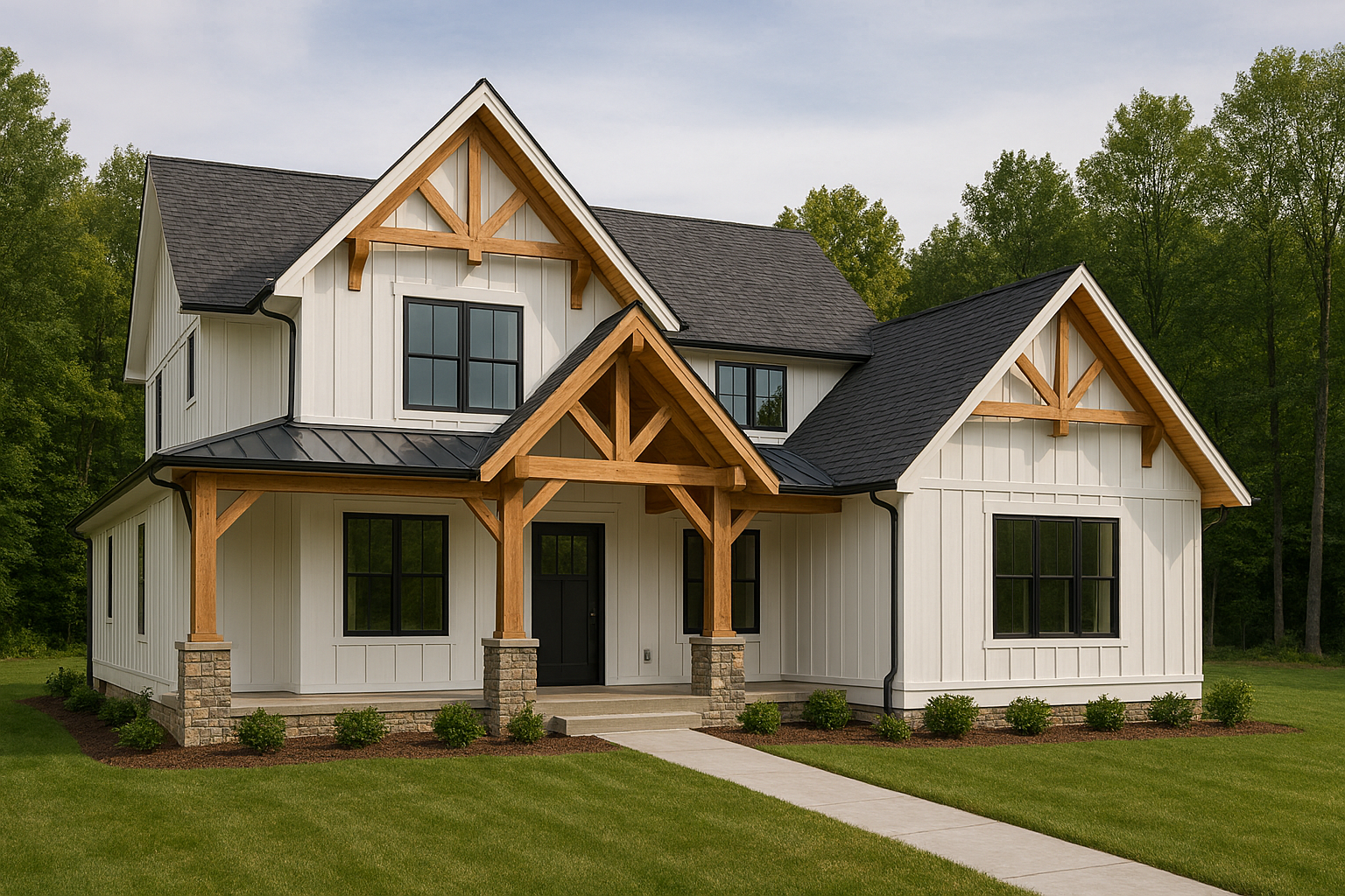 Modern farmhouse with white vertical siding, black windows, and wooden accents, surrounded by a well-manicured lawn and trees in the background.