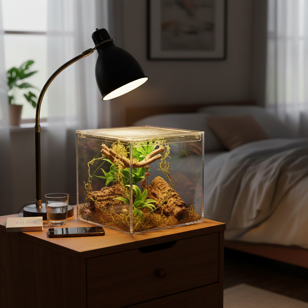 A clear jumping spider enclosure on a bedroom nightstand under a desk lamp.