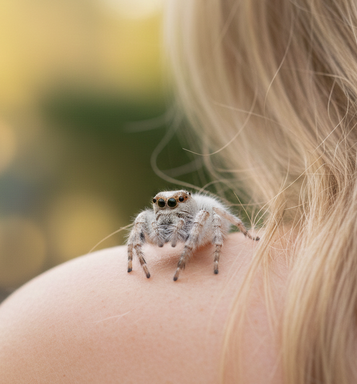 A high-detail macro shot of a small, fuzzy white jumping spider resting on a woman's shoulder. The spider is facing the camera with its large, dark eyes in focus, set against a soft-focus background of long blonde hair and a natural outdoor setting.