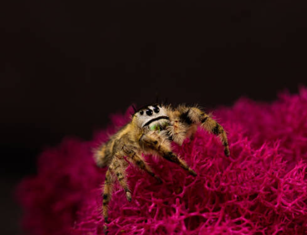 A macro shot of a tan and black jumping spider with large, expressive eyes, resting on a textured bed of bright pink preserved reindeer moss against a dark, moody background.