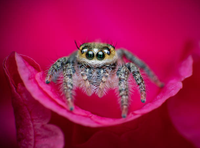 A stunning macro portrait of a small tan jumping spider with large, deep-green eyes, resting comfortably inside the curve of a vibrant pink flower petal.