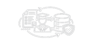 Digital security and data protection icons including a person, servers, shield, and documents.