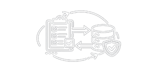 Diagram of data security with checklists, database, shield, and arrows indicating protection and data flow