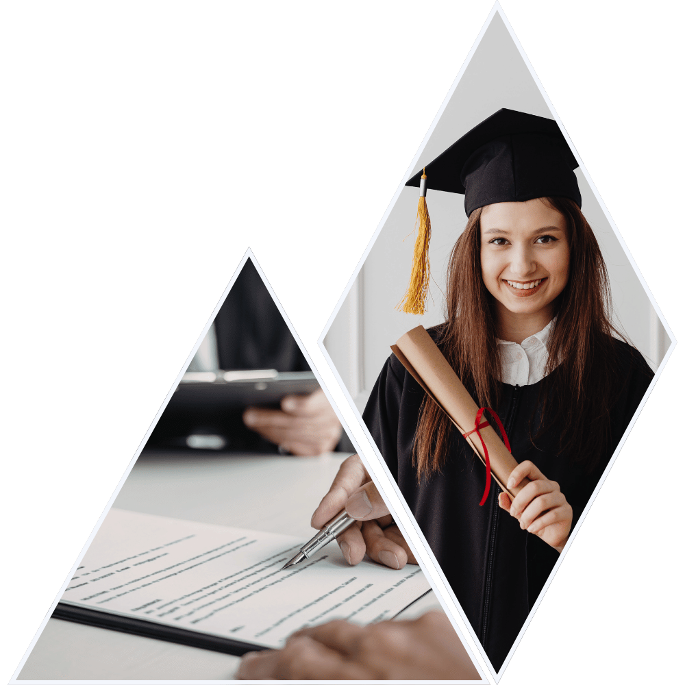 Young woman in graduation cap and gown holding a diploma and smiling.