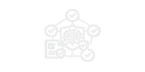 Illustration of cybersecurity and data protection icons, including a shield, a checkmark, a lock, and documents.