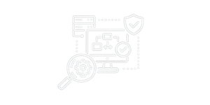 Icon graphic of cybersecurity and data protection with magnifying glass, shield, and interconnected network lines.