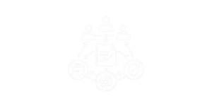 Line art icon of a presentation screen connected to three user icons and various data and settings symbols.