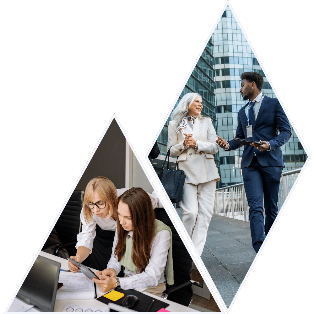 Two photos framed in diamond shapes. The first photo shows two women working together at a desk with a computer, one is showing something on a tablet to the other. The second photo depicts a consulting or business meeting on an outdoor city balcony, with a woman in white and a man in a navy suit holding a tablet, talking to each other.