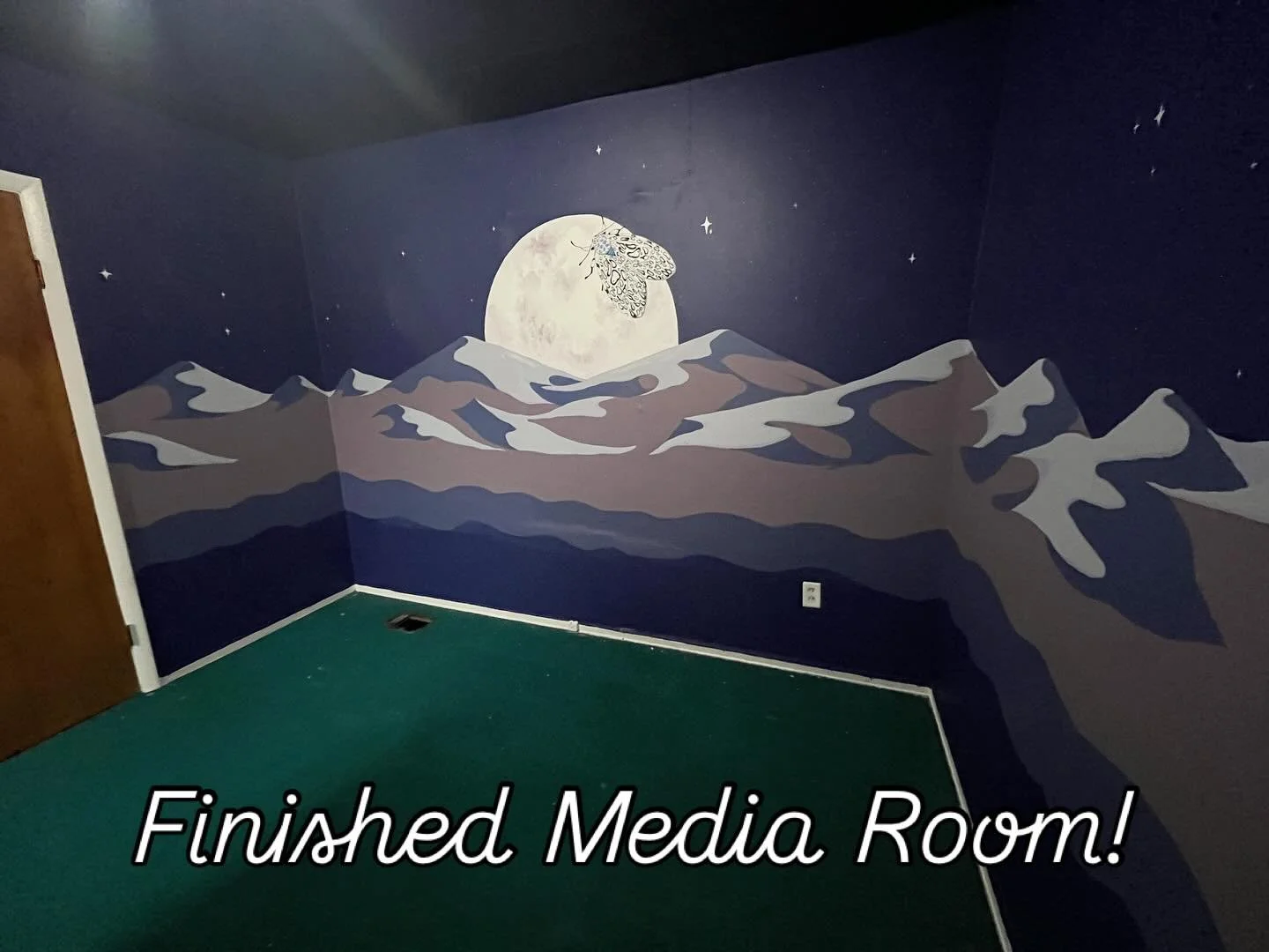 Our first big room project! Client uses this room as a media room, and wanted a desert scene that we can go back in and over time add fun references such as the beetlejuice worm, the dune worm, and more! This first level was to lay out the desert sce
