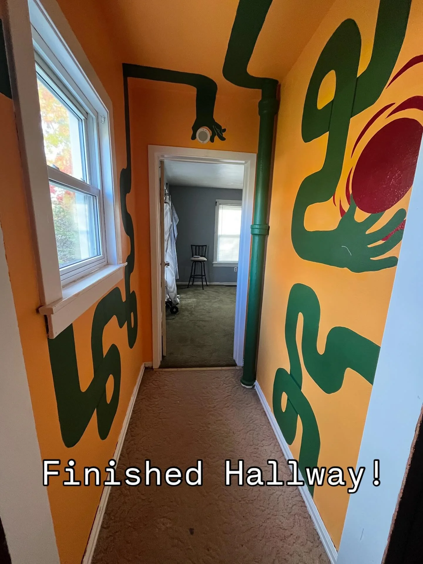 Our first hallway! I love creative and abstract designs and our client had a pipe he wanted to be incorporated into the hallway mural. Thanks Jake S! #kalamazoo #mural #prismo