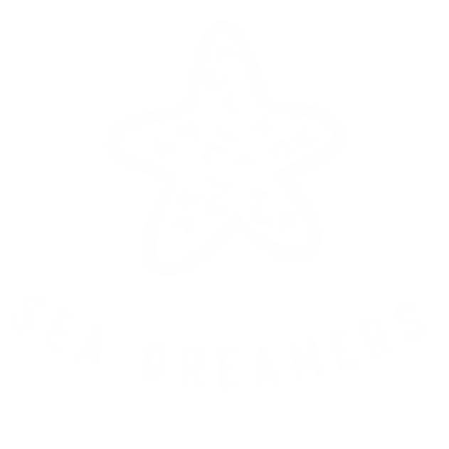 A white outline of a starfish with decorative patterns inside and the text 'SEA DREAMERS' curved below, set against a black background.