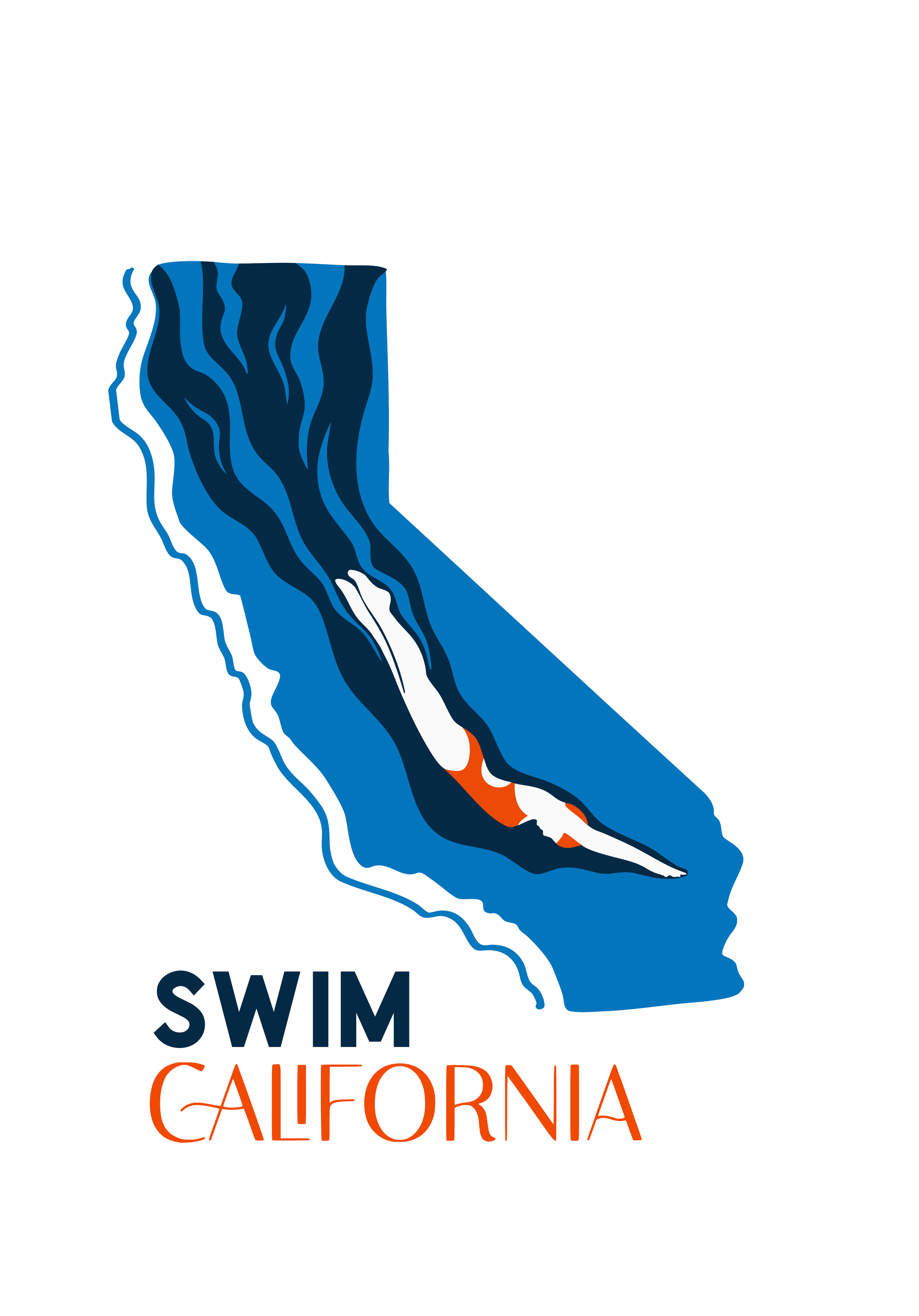 Illustration of California with a swimming pool circuit map, labeled 'Swim California' in bold text.