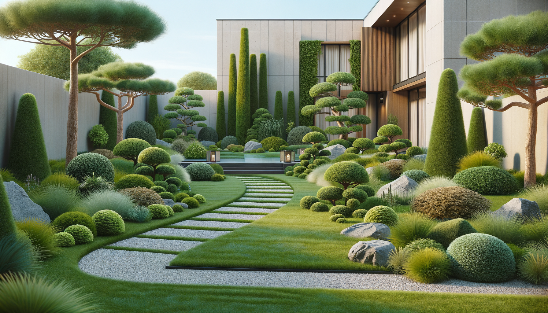 Jardin zen moderne avec arbres sculptés, buissons avec formes arrondies, sentiers en gravier et revêtement en gazon, dans une cour résidentielle privée
