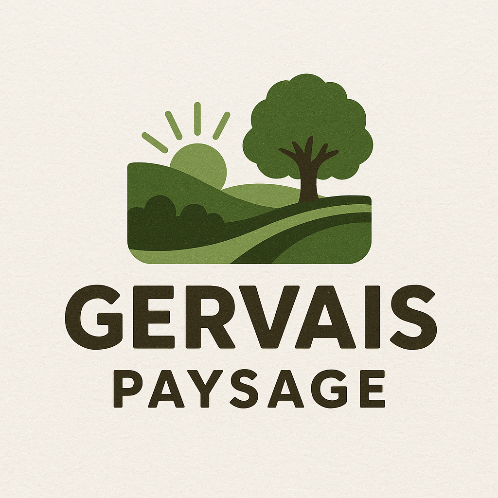 Logo avec un soleil levant derrière une colline, un arbre et des buissons verts, avec le texte "GERVAIS PAYSAGE" en dessous.
