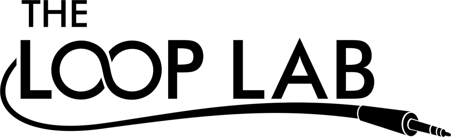 Line drawing of the words 'The Loop Lab' with a DNA helix and a microphone cable.