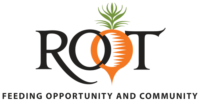Logo of ROOT with a stylized carrot and green leaves, featuring the words 'ROOT' and the tagline 'FEEDING OPPORTUNITY AND COMMUNITY'