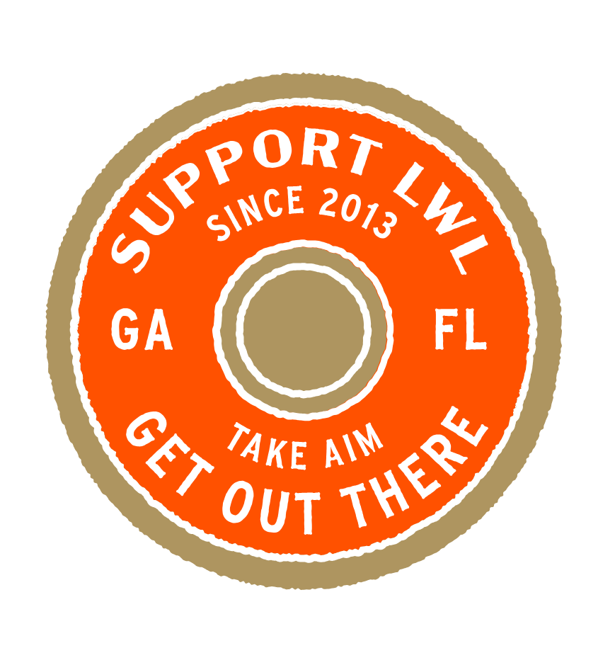 Circular badge with an orange center and beige and white borders. Text reads 'Support Local Since 2013 GA FL Take Aim Get Out There.'
