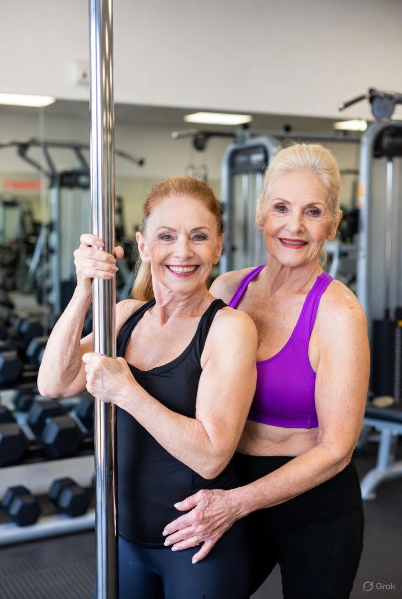Two senior women smiling in a gym, one holding a pole and the other standing beside her.